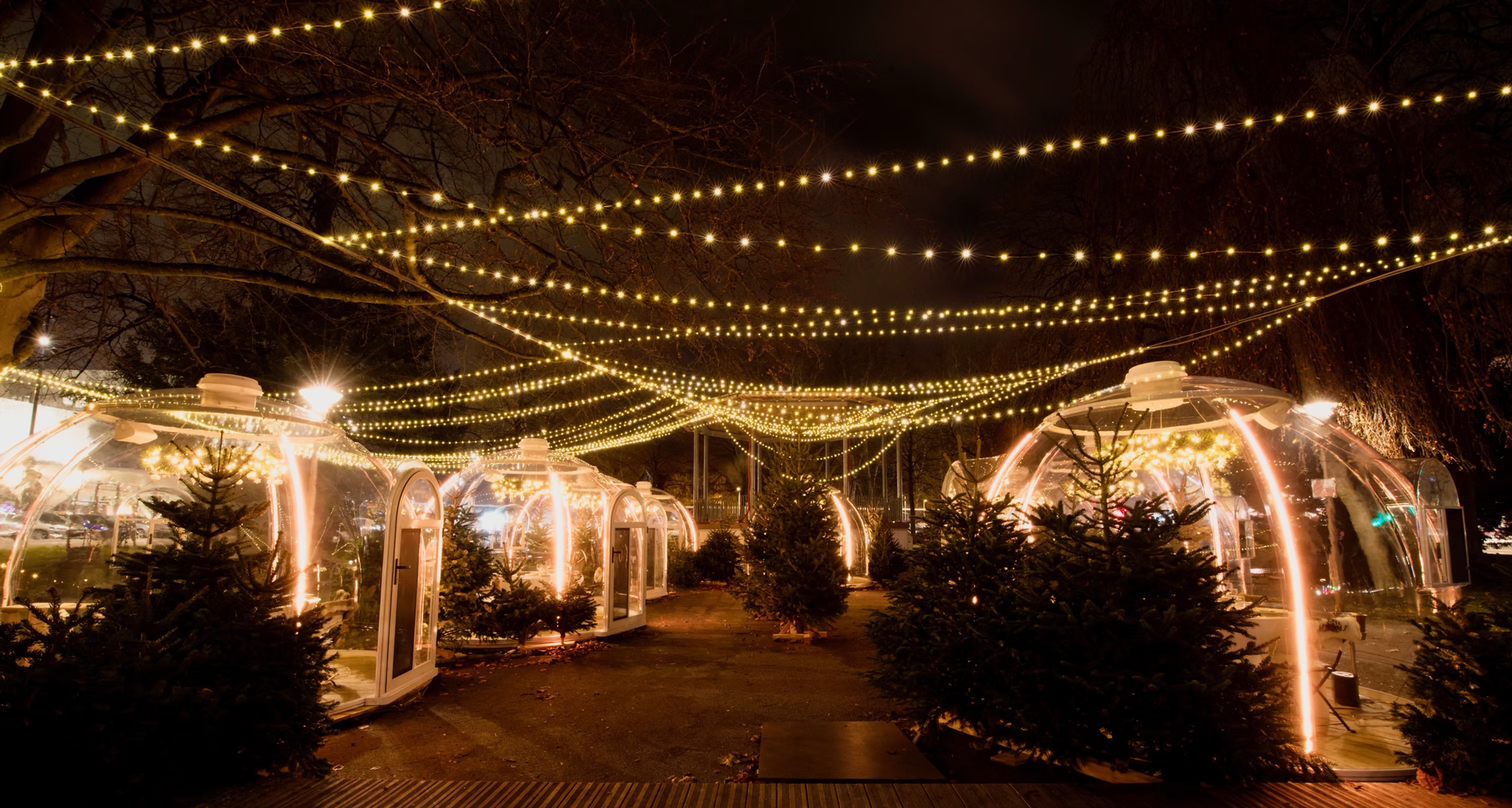 Les bulles transparentes illuminées sous les guirlandes du Parc de la Gare, à Haguenau
