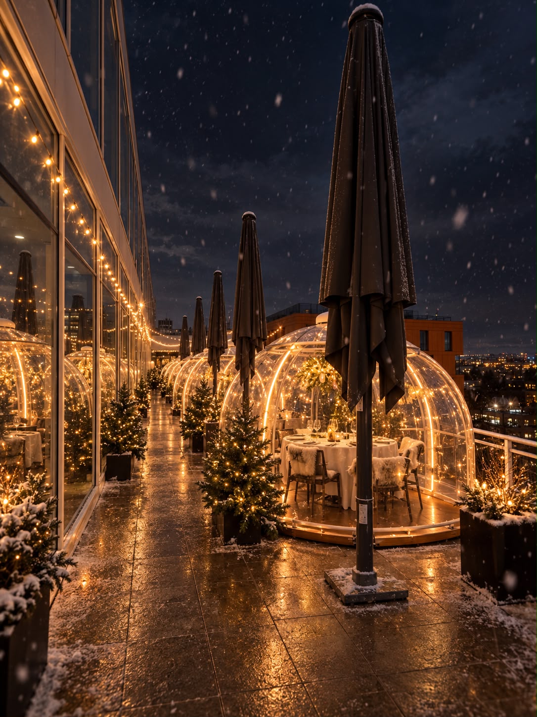 La terrasse de L'Archipel (AC Hotels & Residence Inn by Marriott) à Strasbourg : des bulles illuminées alignées le long des baies vitrées, sous la neige