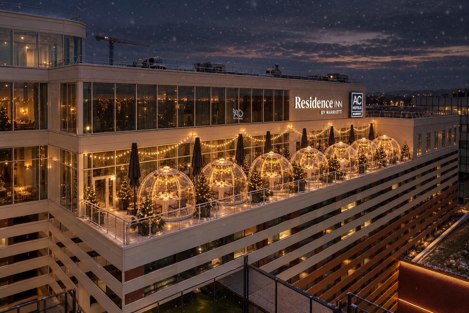 Six bulles illuminées sur la terrasse panoramique de l'AC Hotels & Residence Inn by Marriott, vues de l'extérieur, sous la neige